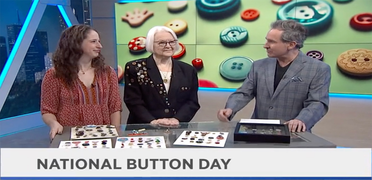 Austin Button Club members Mary and Allie on TV on National Button Day